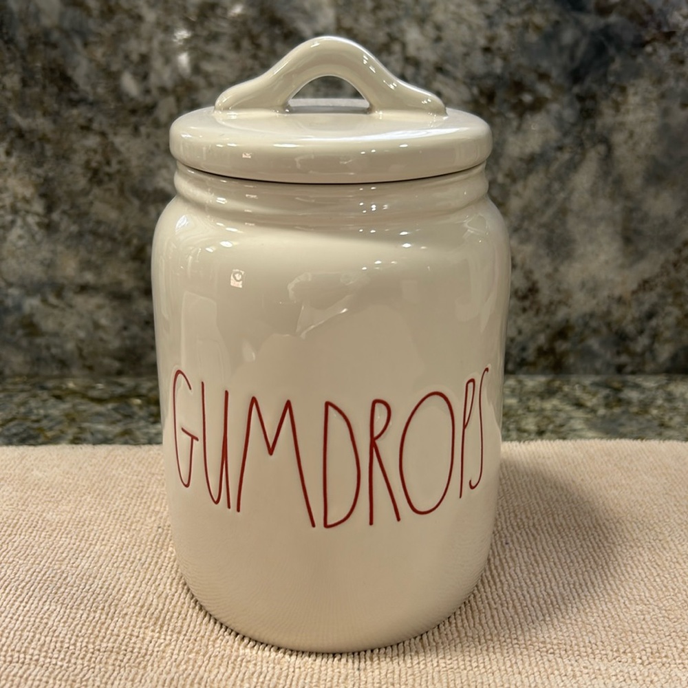 NWT Rae Dunn GUMDROPS Ceramic Canister with Lid White Red Lettering
